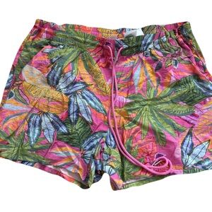 Divided Tropical Leaf Print Shorts - Pink and Green